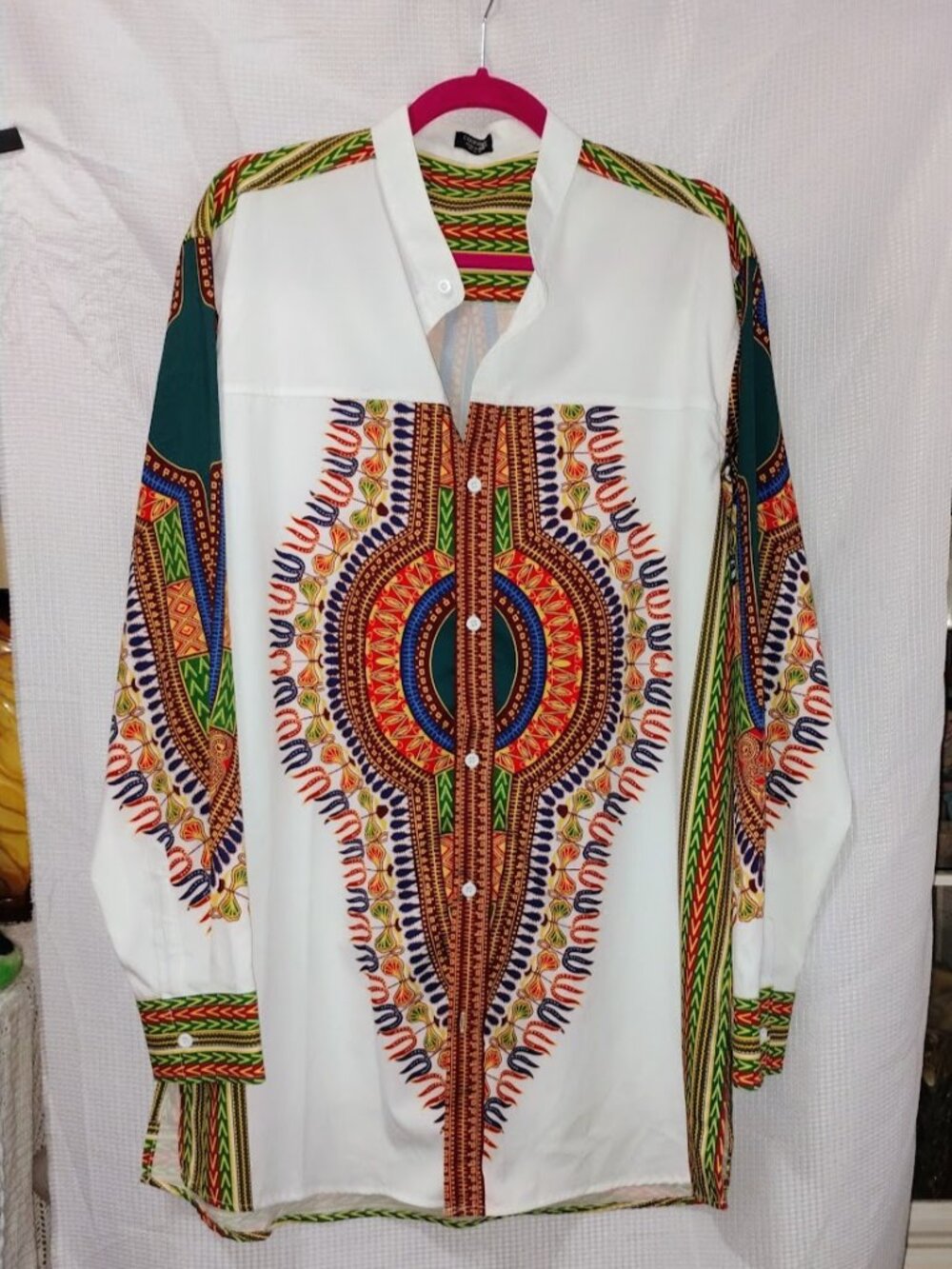 Men's White African Dashiki Print Long-Sleeve Button-Down Shirt Large